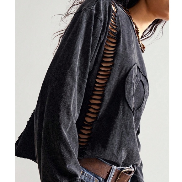 Mineral Wash Cut out Peace Patchwork Long Sleeve top - Picture 3 of 5